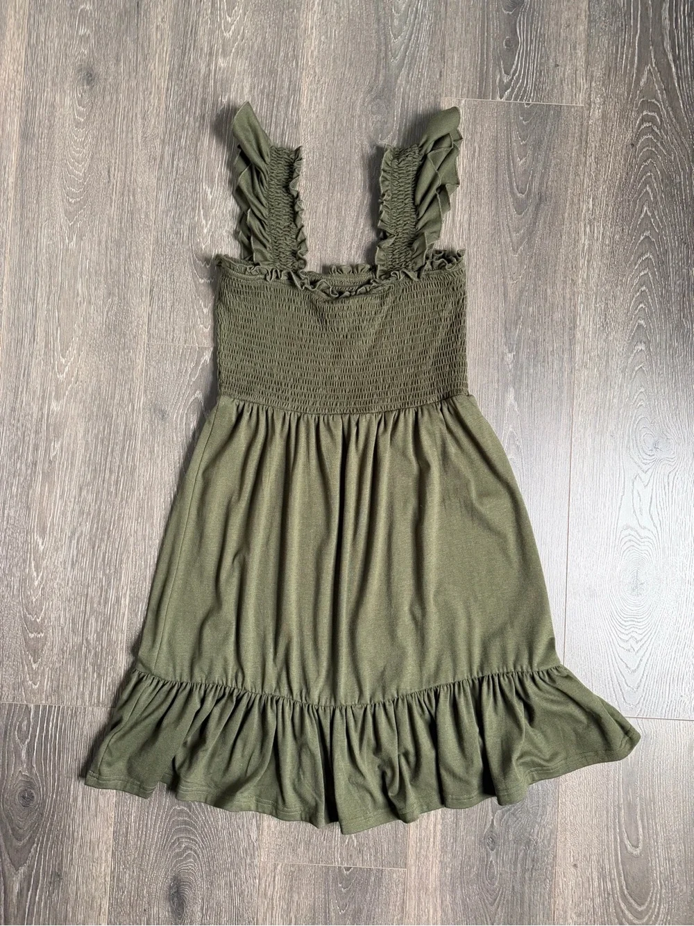 Olive Green Smocked Sundress with Ruffle Straps Cottagecore Boho Size Small - Picture 4 of 5